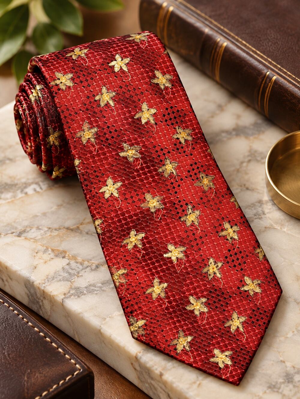 ERMENEGILDO ZEGNA Dark Red Silk Floral Gold Tie Luxury Italian Designer